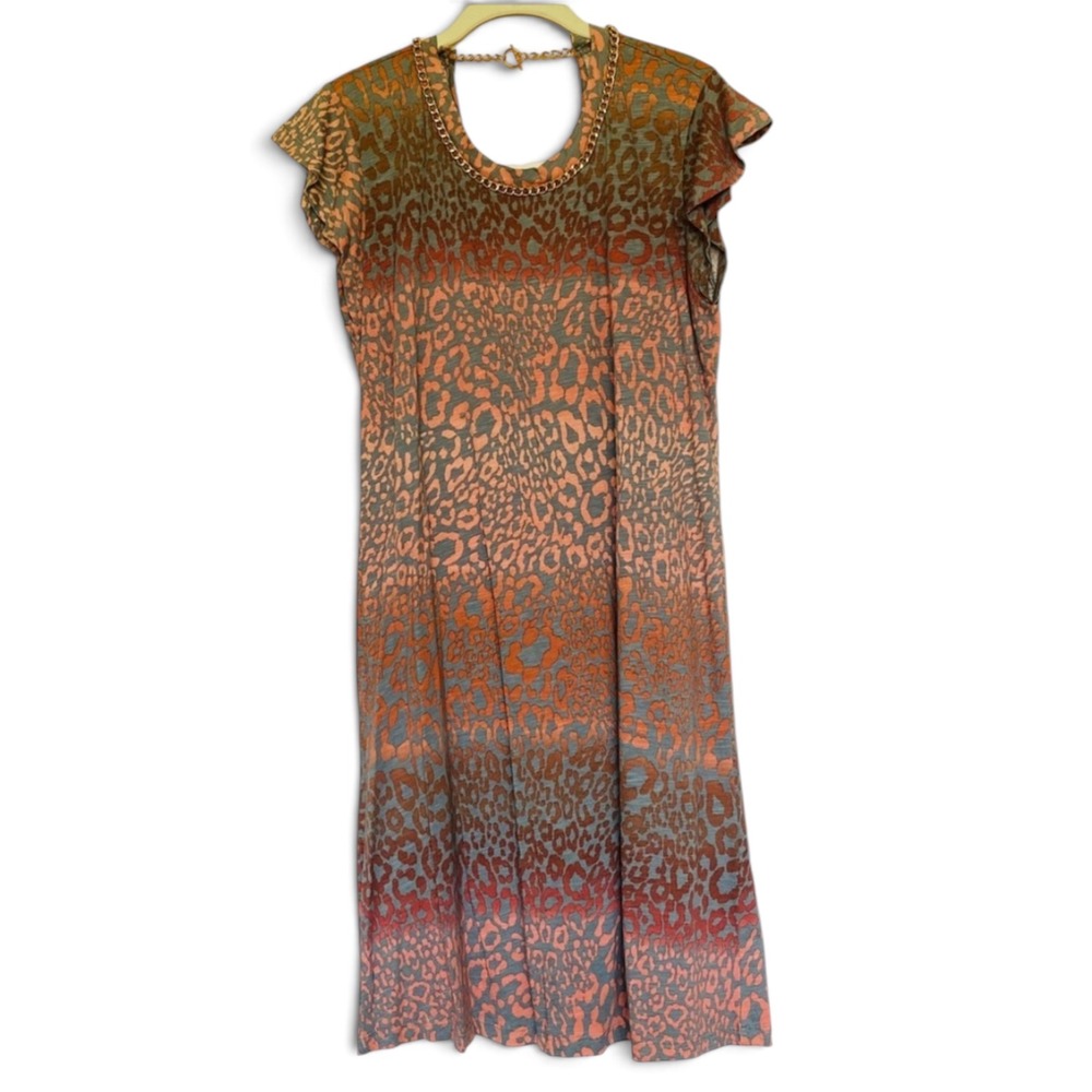 Skinnygirl Dress Throwback‎ Leopard Print Chain Neck Dress Coral Grey Medium